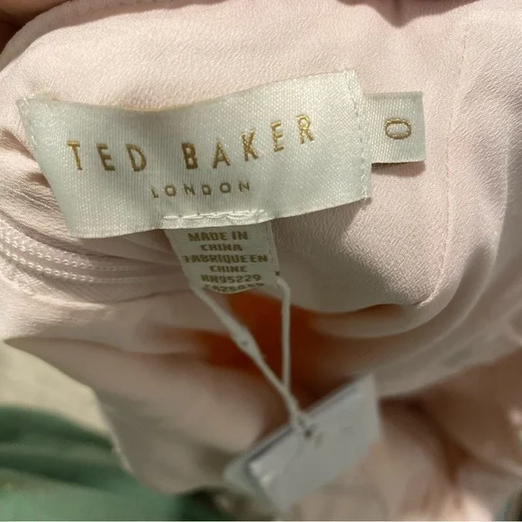 NWT Ted Baker Ruched Mini Dress Sz0 Pink Palm Tree Floral Print Ruffl,Sleeveless - Picture 3 of 9